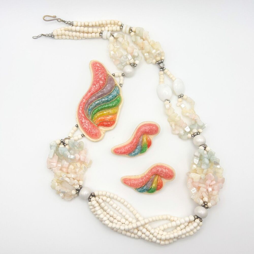 Vintage Acrylic Cream and Rainbow Multi-strand Necklace w/ Matching Earrings